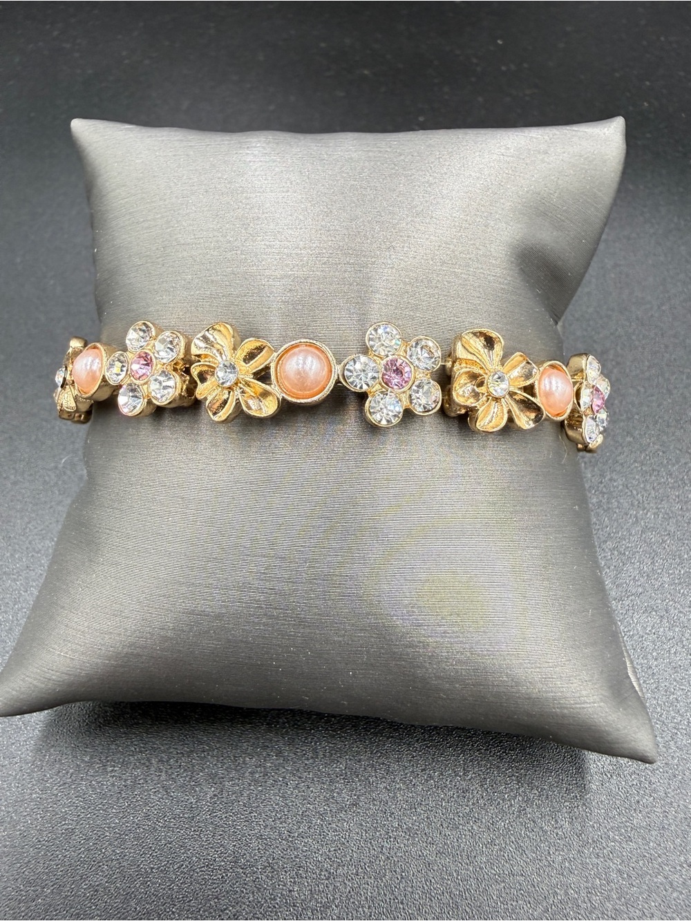 Gold Floral Bracelet with Pink Cabochons and Clear Crystals
